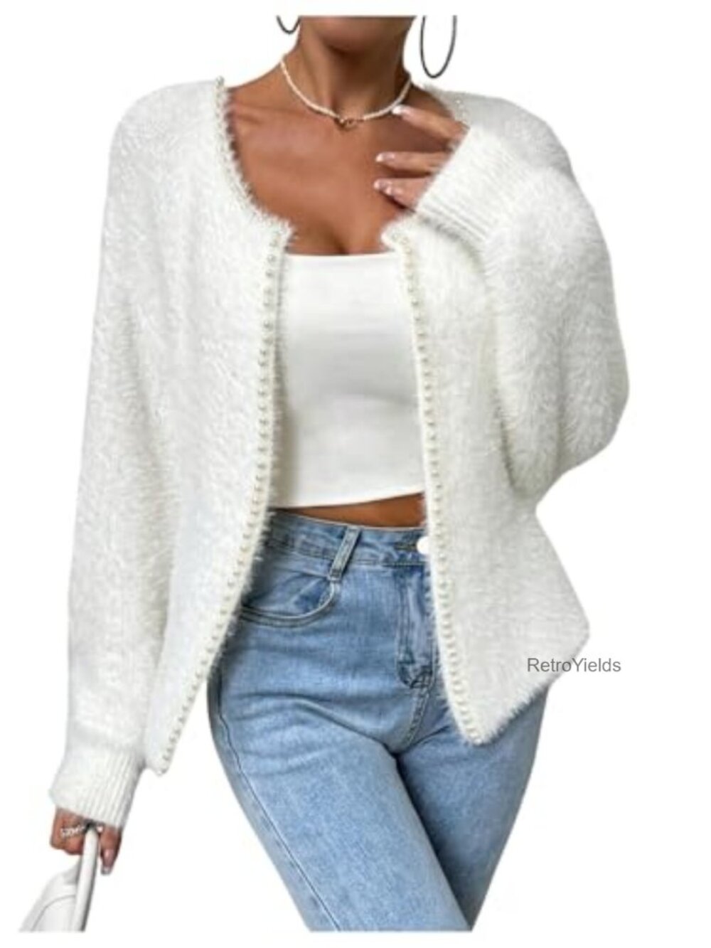 Women's Fuzzy Open Front Cardigan Pearl Beaded Long Sleeve Knit Sweater